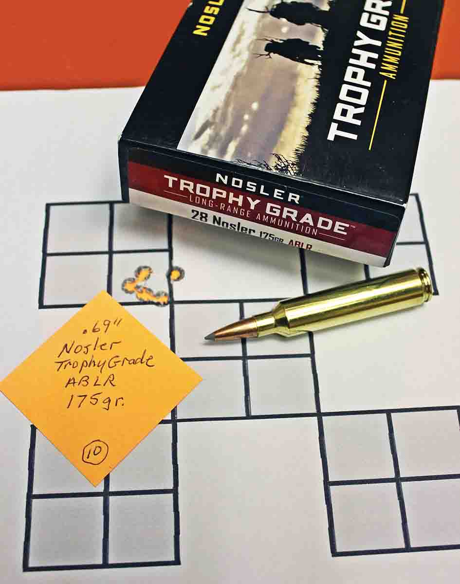 A representative group with Nosler Trophy Grade, 175-grain ABLR bullets at .69 inch.
